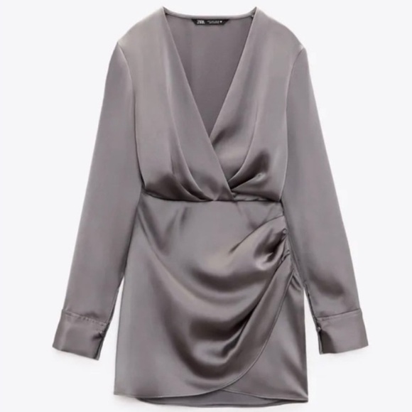 Zara Satin Effect Dress Crossover Wrap Top New Charcoal Mini Dress Size Medium - Picture 1 of 8